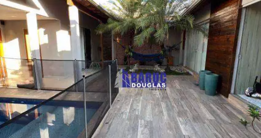Aluga-se casa térrea em condominio fechado com 03 suítes, 04 vagas, com churrasqueira e piscina (semi-mobiliada)