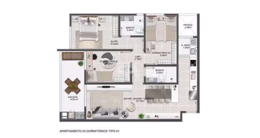 Apartamento 3 dormitórios em Abraão, Florianópolis-SC