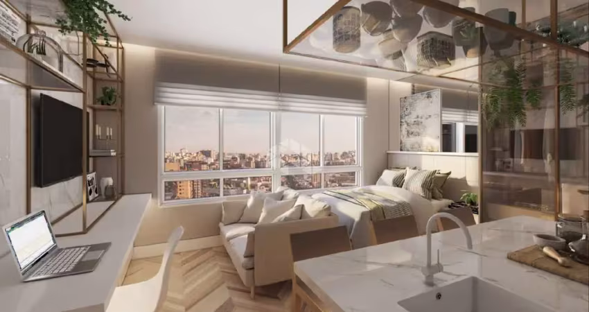 Studio com 30m² mobiliado e churrasqueira no moinhos de vento com vaga coberta e infra estrutura.
