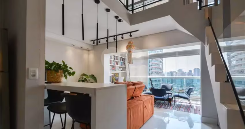 Loft duplex com pé direito duplo, andar alto com vista para skyline da cidade
