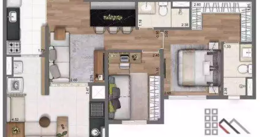 Apartamento 2 Dormitórios (67m²), 1 Suíte, 1 Vagas, Varanda.  Próximo do Parque do Piqueri
