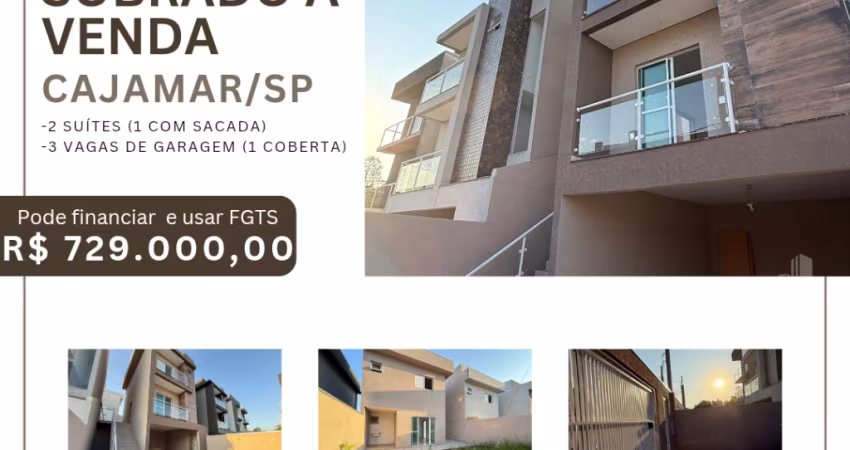 Sobrado para venda, 2 suítes, 3 vagas (1coberta), em Portais III, Cajamar/SP, nunca habitado, por 729 mil, aceita financiamento bancário e FGTS
