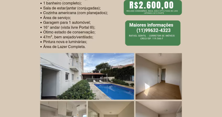 Apto para locação,  Portais II, Av das Palmeiras,  2 dorm, cajamar, 16 andar, 1 vaga, planejados ma cozinha, 47m²