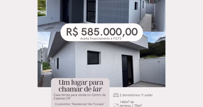 Casa totalmente térrea por 585 mil, 2 dorms, 1 suíte, 2 vagas, pronta para morar, Centro de Cajamar/SP