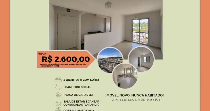 Apartamento para locação,  3 dorms, 1 suíte, sacada, 56m², 1 vaga, andar alto, portais, cajamar/sp