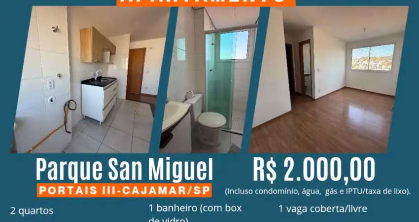 Apto para alugar, 2 dorms, 2 mil, 7° andar, 47m², 1 vaga coberta, res. parque san miguel, portais iii, cajamar/sp
