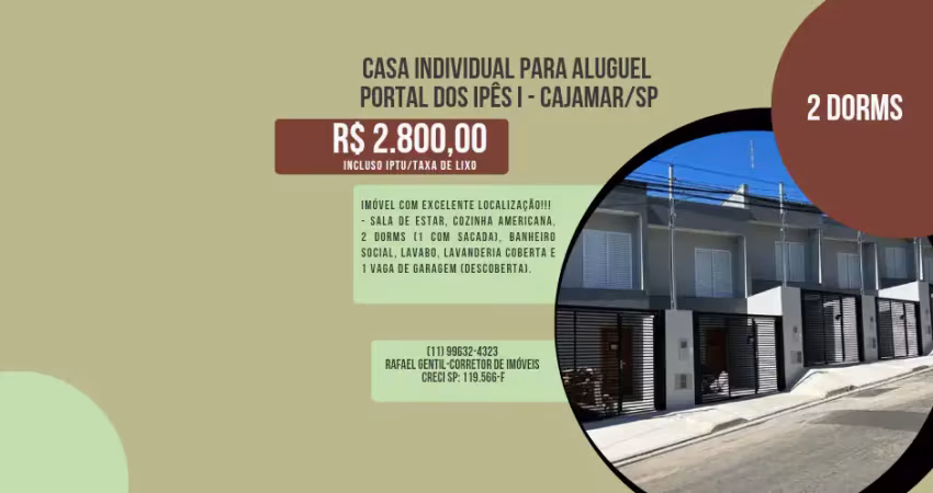 Sobrado individual para alugar, 2 quartos, sacada, lavabo, 1 vaga, portais i, cajamar, 2.800,00