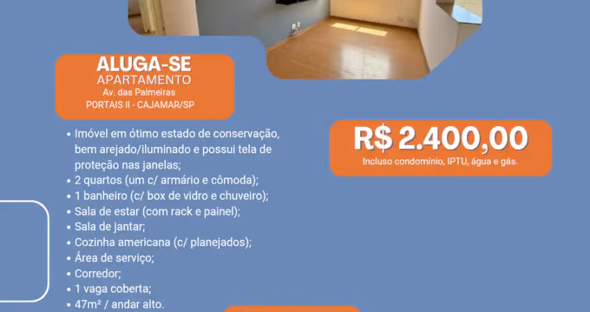 Alugo apto de 2 dorms, portais, av das palmeiras, 19 andar, 1 vaga, 50m², cajamar/sp