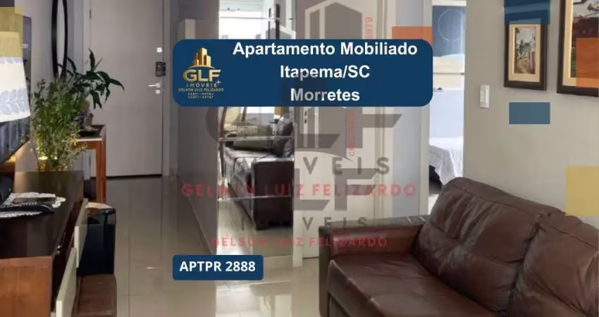 Apartamento mobiliado em itapema/sc no morretes, com 2 dormitórios. lazer com piscina e salão de festas. a 400 metros do mar, localização privilegiada