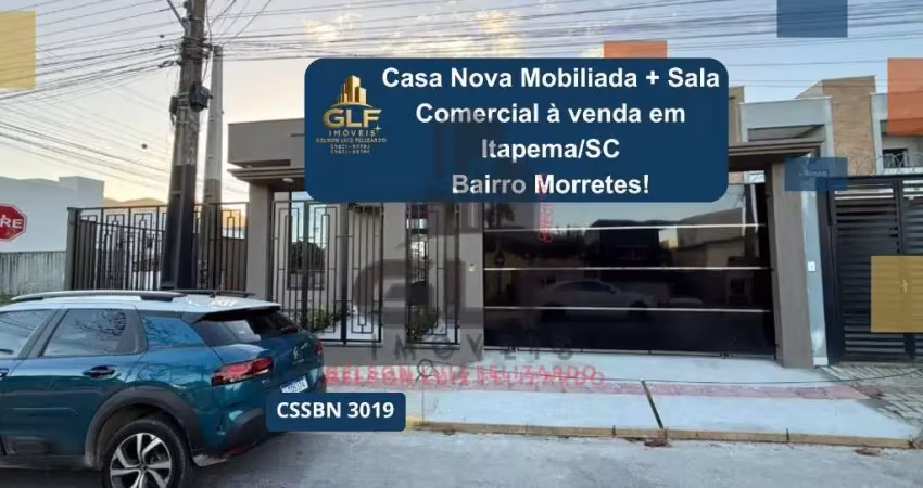 Linda casa nova mobiliada + sala comercial à venda na cidade de itapema/sc, bairro morretes! terreno com 405m² e 2 suítes. ampla área externa com chur