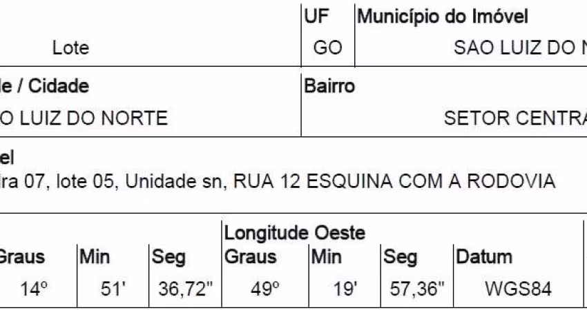 Oportunidade Única em SAO LUIZ DO NORTE - GO | Tipo: Terreno | Negociação: Venda Online  | Situação: Imóvel