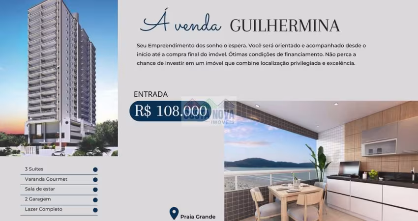 Apartamento com 3 quartos sendo 1 suíte, 2 banheiros, 2 vagas, bairro Guilhermina - Praia Grande