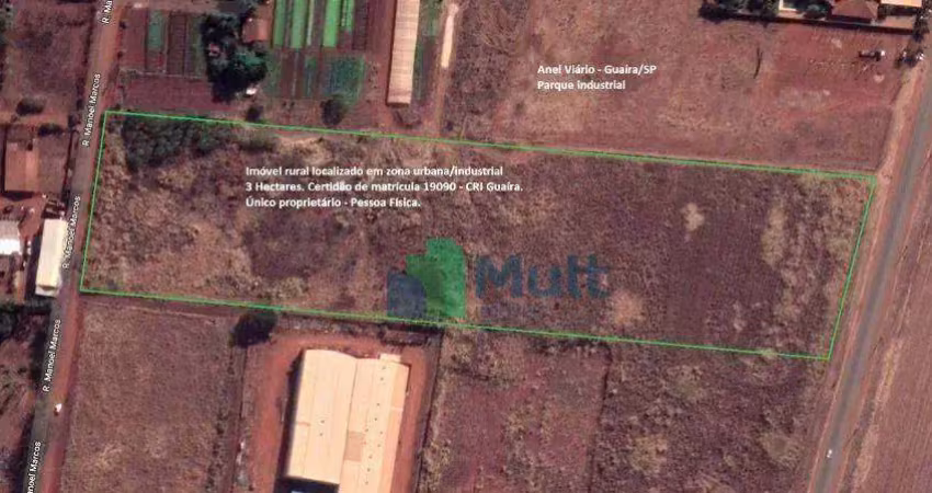 Terreno localizado na cidade de guairá-sp no anel viário km2 com rua manoel marcos  no pq industrial com 3 hectares .
