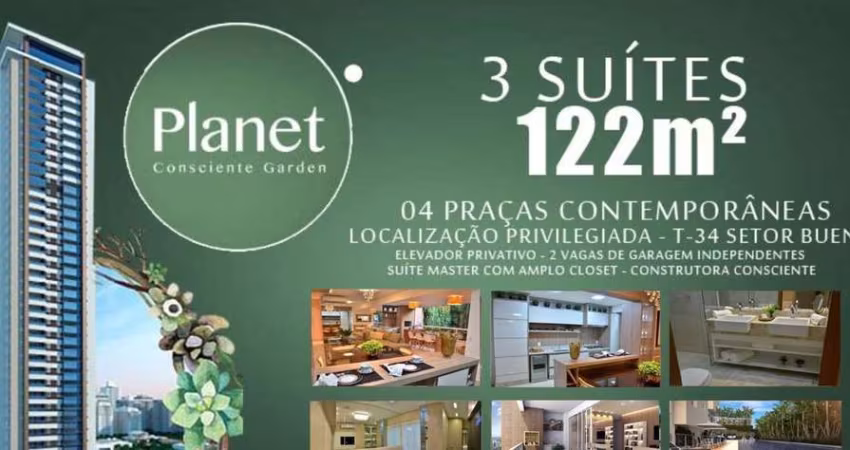 PLANET CONSCIENTE GARDEN, 03 SUÍTES, DECORADO E MOBILIADO Apartamento com 3 Quarto(s) e 3 banheiro(s) à Venda, 122.66 por R$ 1.490.000 no setor Setor Bueno AD28660