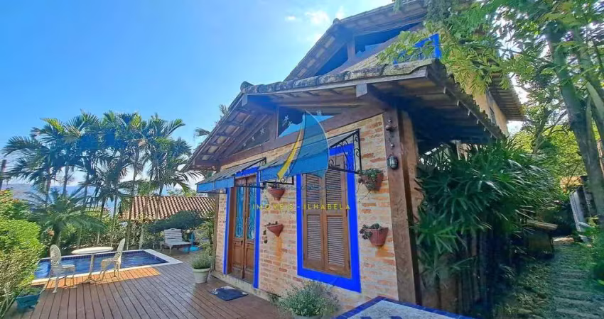 Casa de luxo rústico à venda em ilhabela-sp, bairro feiticeira: 3 suítes, 3 salas, 4 banheiros, construção 176m². venha conferir!