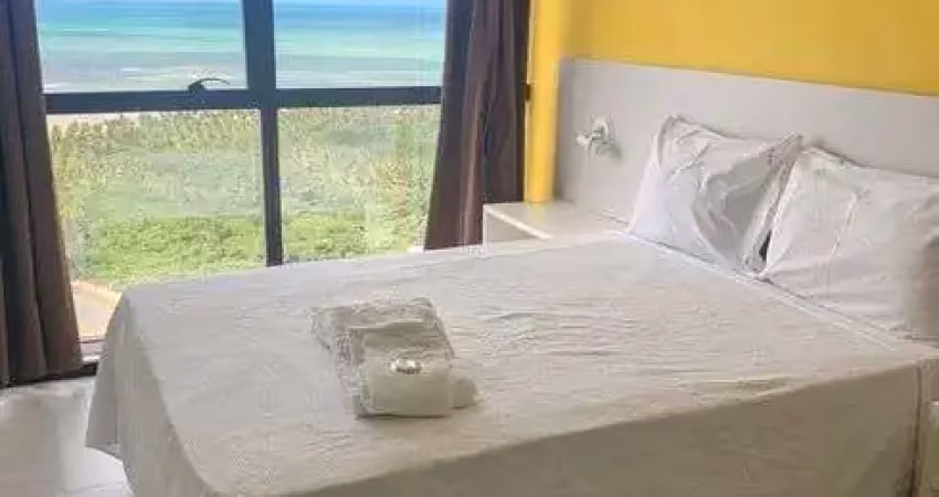 Flat mobiliado, 35 m², área de lazer, serviço de hotel, andar alto, vista mar