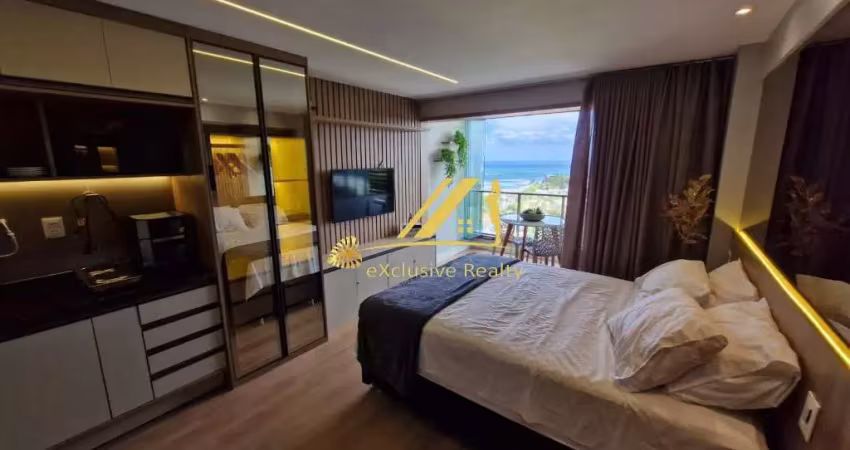 Studio mobiliado na pedra do sal, 30m2, vista mar lateral. vaga rotativa. com rooftop, piscina, academia! ótima opção de moradia e investimento.
