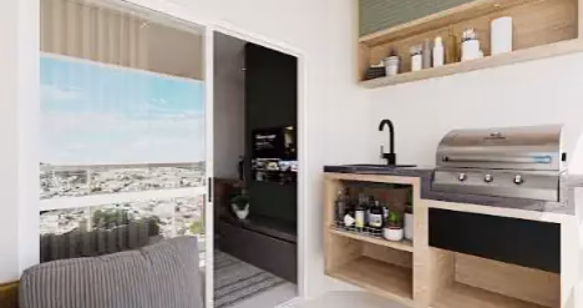 Apartamento na planta de 58m2 com 2 dormitórios, 1 suíte e varanda na planta.