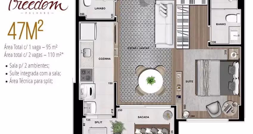 Freedom apartamento studio com 1 suíte , sala de está e jantar,  cozinha lavabo,
