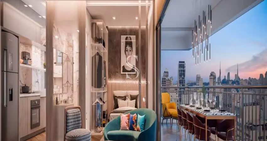 Condomínio for you perdizes - apartamento de 58m² com dormitório, sala, banheiro e varanda.
