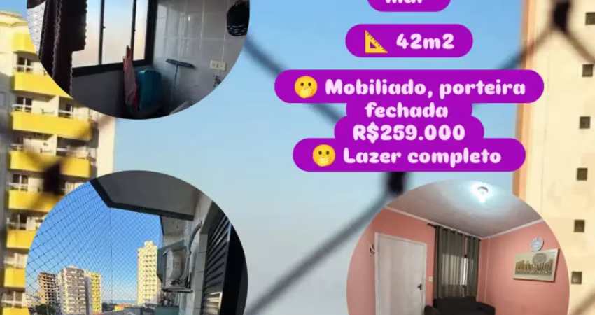 1 dorm vila mirim // sacada, piscina, vista mar !! mobiliado