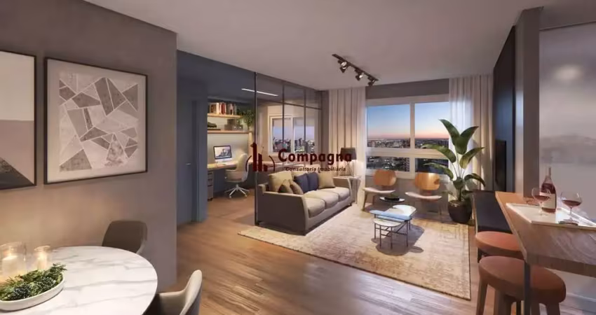 Apartamento de 02 dormitórios. 59m² privativos, churrasqueira e vaga, com suíte
