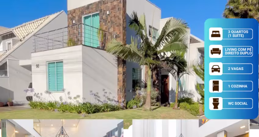 Casa moderna em condomínio, living  com pé direito duplo, 3 quartos, ensolarado, de esquina