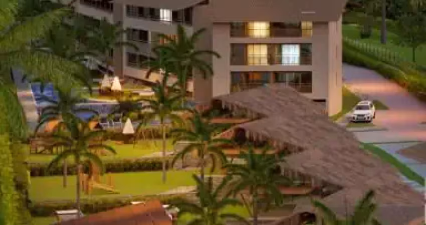 Flat e resort sala para dois ambientes, cozinha, duas suítes sendo uma delas reversível e varanda.