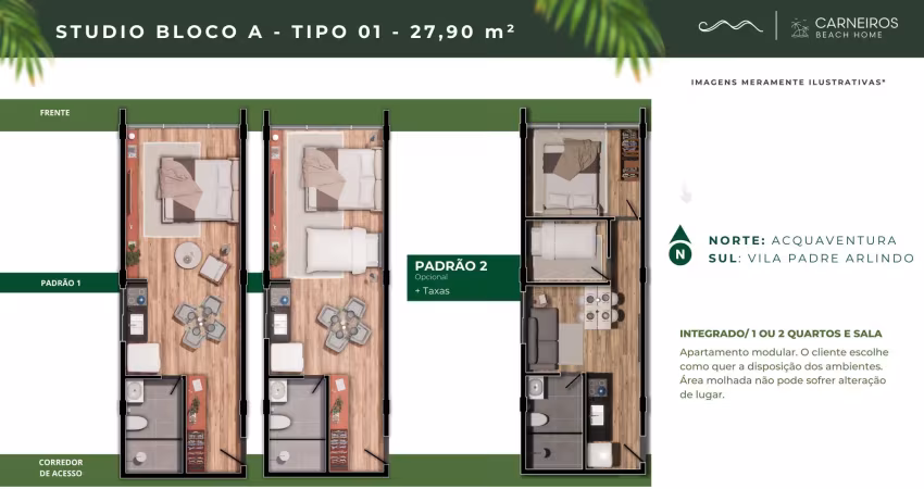 Apto tipo studio 27,90m² com excelente localização napraia dos carneiros.