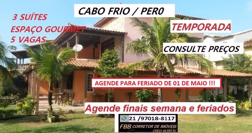 Casa para Temporada em Cabo Frio, Peró, 3 dormitórios, 3 suítes, 4 banheiros, 4 vagas