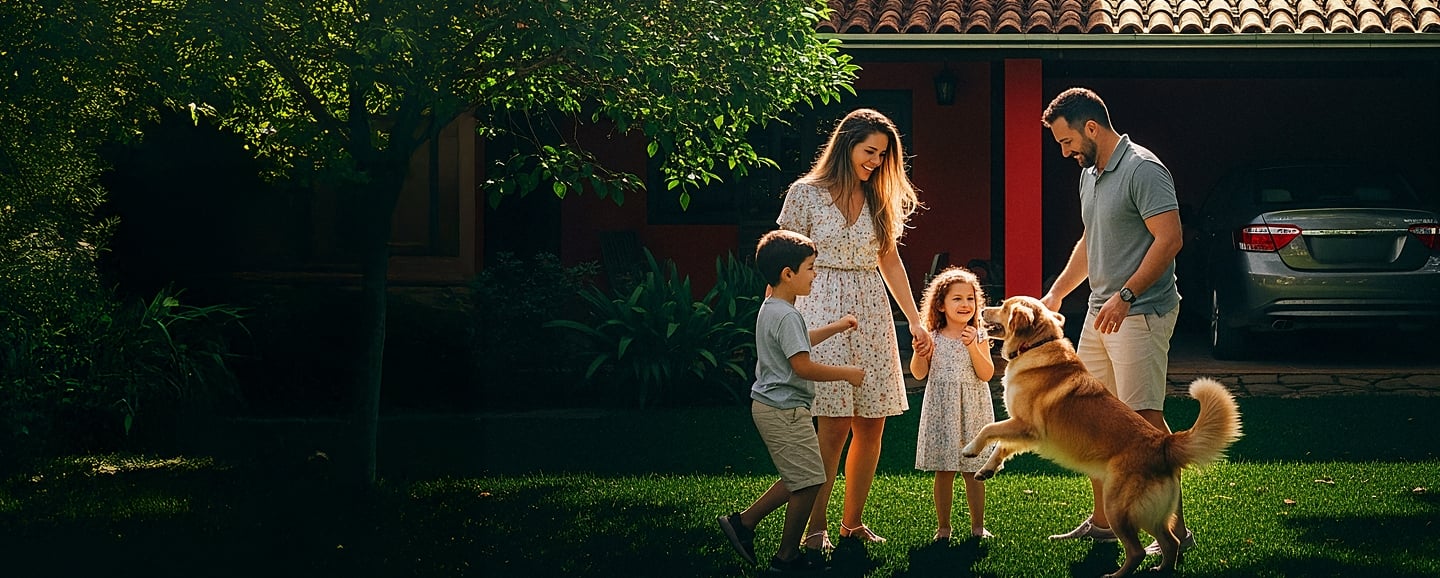 Família brincando com cachorro na garagem